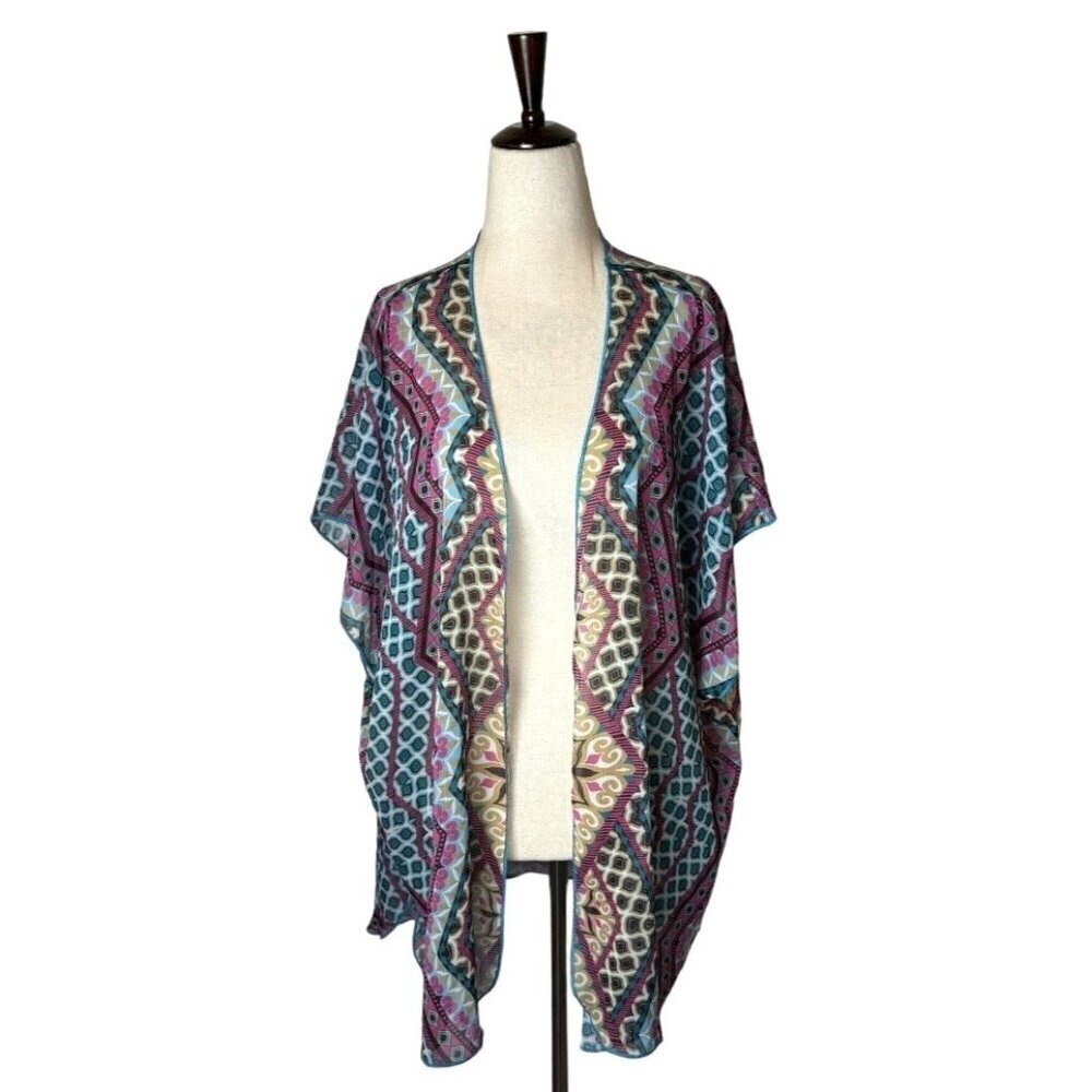 Becca Cover Up Women XS Blue Purple Geometric‎ Print Sheer Open Swim Beach